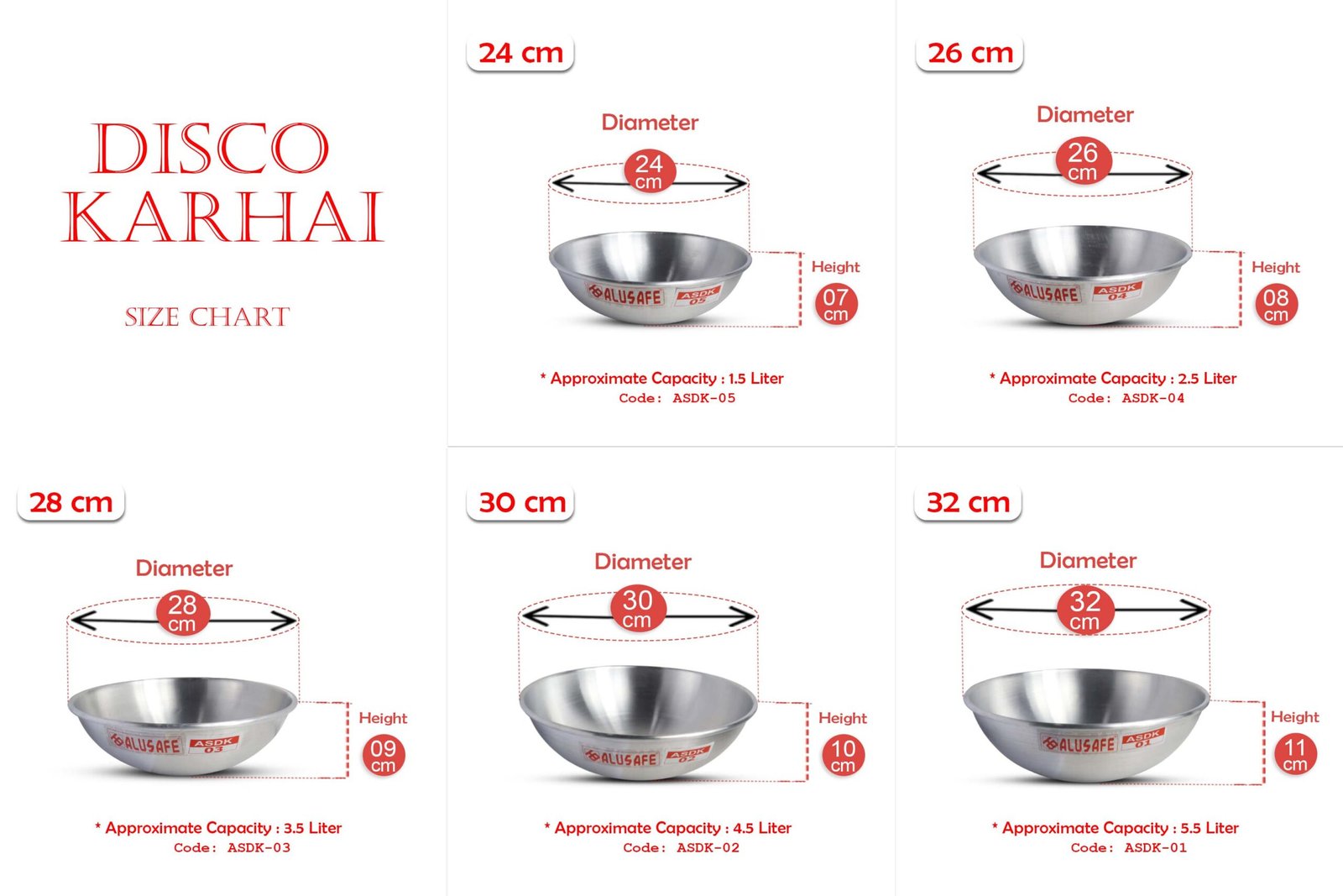 disco karhai size chart