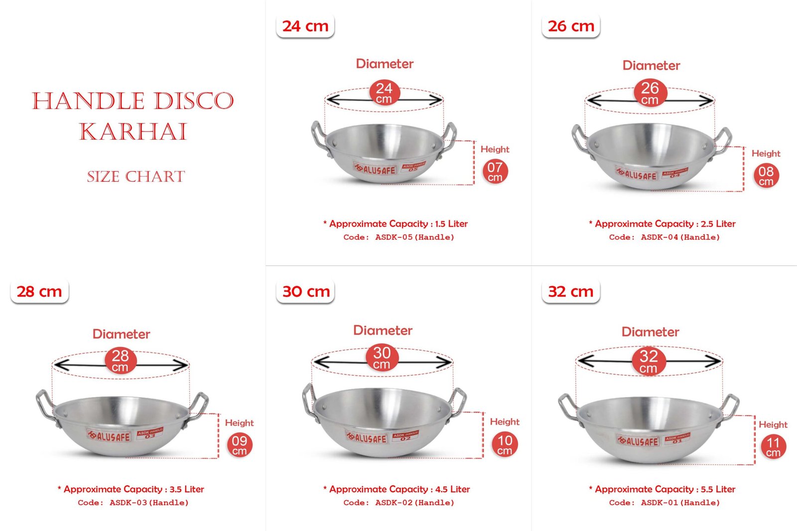 Handle disco karhai size chart